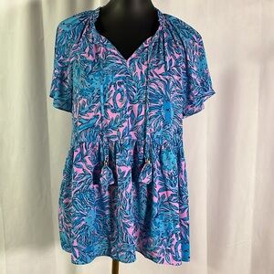 Lilly Pulitzer Bermuda Blue You Grow Girl Print Peplum Hem Zadie Blouse